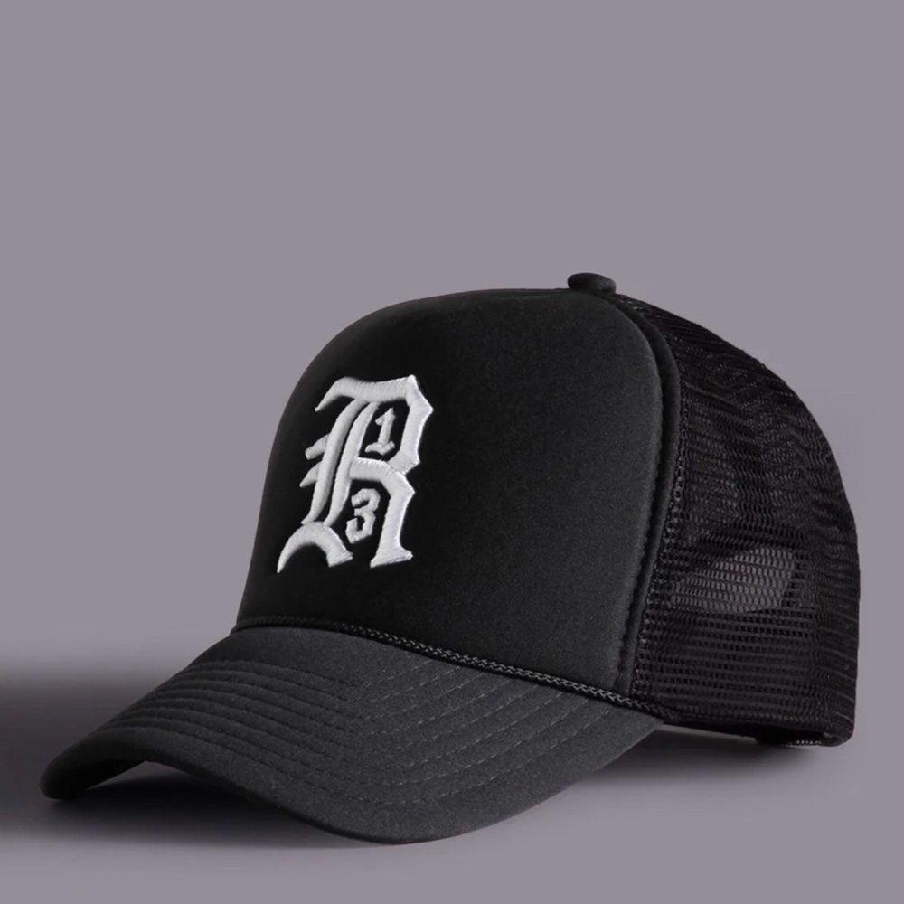 R13 Black and White Trucker Hat with Embroidered R13 Crest